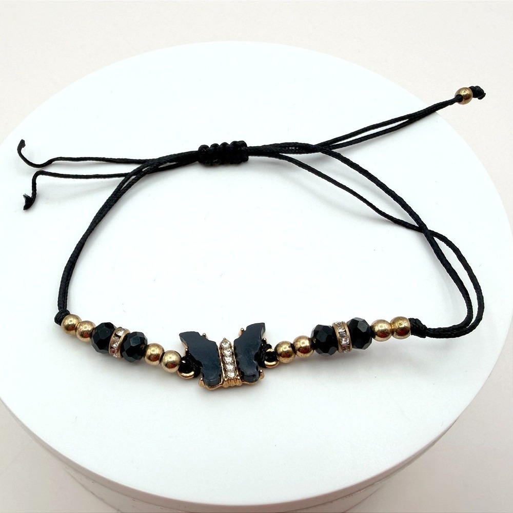 Vintage 90s Gold Tone Butterfly Black Glass‎ Beaded Cord Bracelet Boho Jewelry